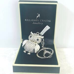 New KILLARNY CRYSTAL OWL Hearts Keychain Enamel Ireland Fob QVC Silver White